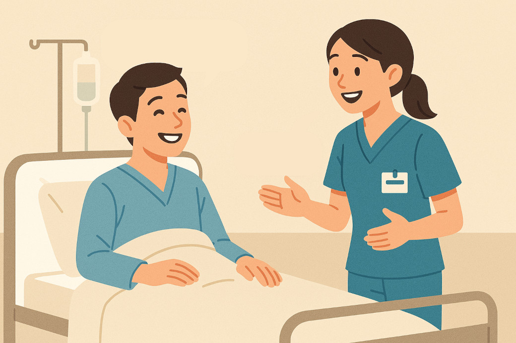 看護師と患者が病室で談笑しているイラスト