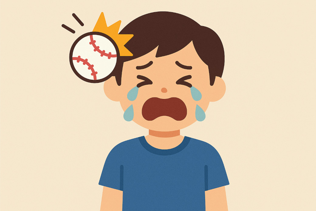 少年の頭に野球のボールがぶつかっているイラスト