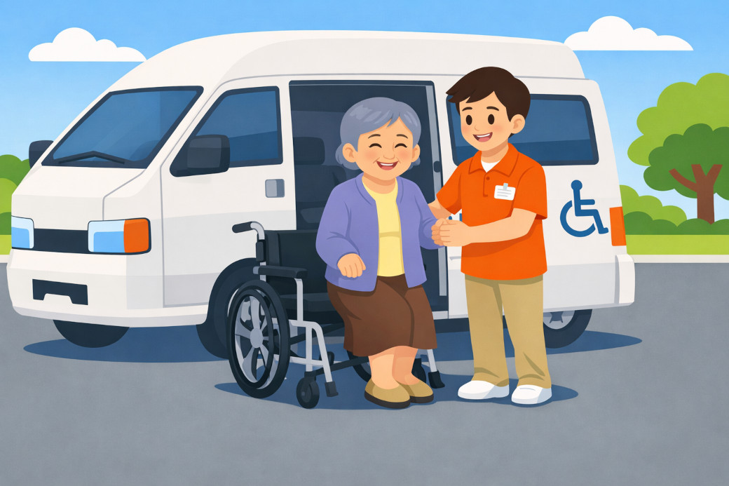 福祉車両からおりる車いすのおばあちゃんと男性介護士のイラスト