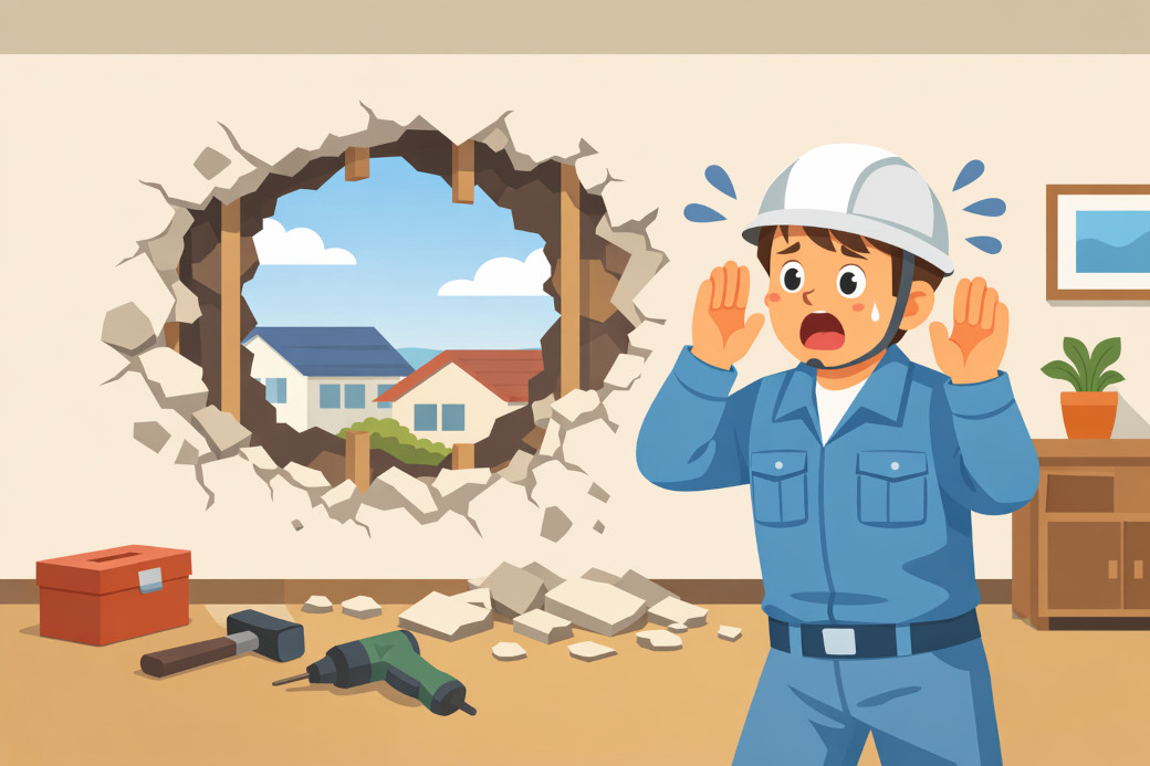 壁に穴を空けてしまった工事業者のイラスト