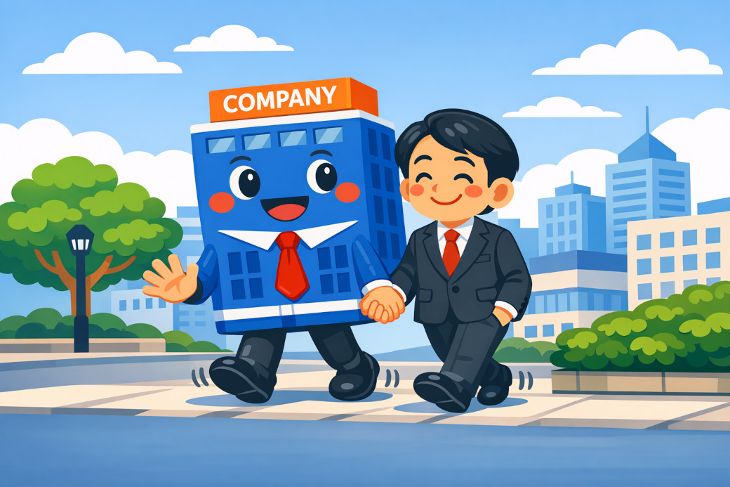 会社と社長が仲良く歩いているイラスト