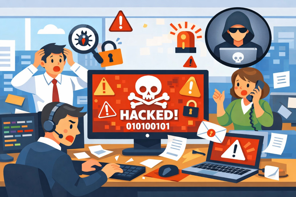 サイバー攻撃を受けた会社が大騒ぎになっているイラスト